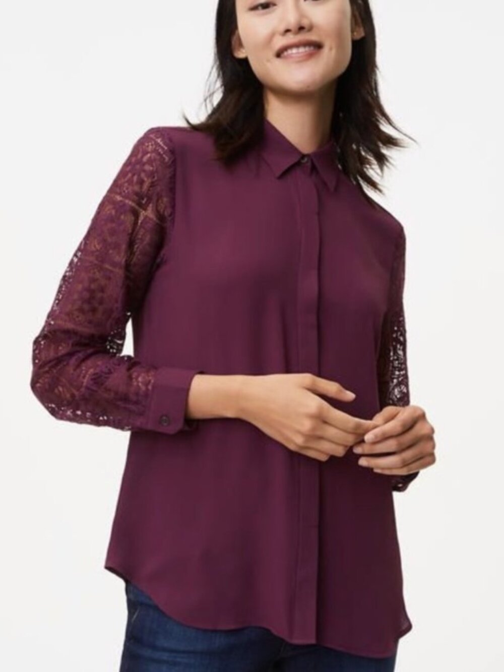 Loft Burgundy Lace Sleeve Placket Front Blouse NWT